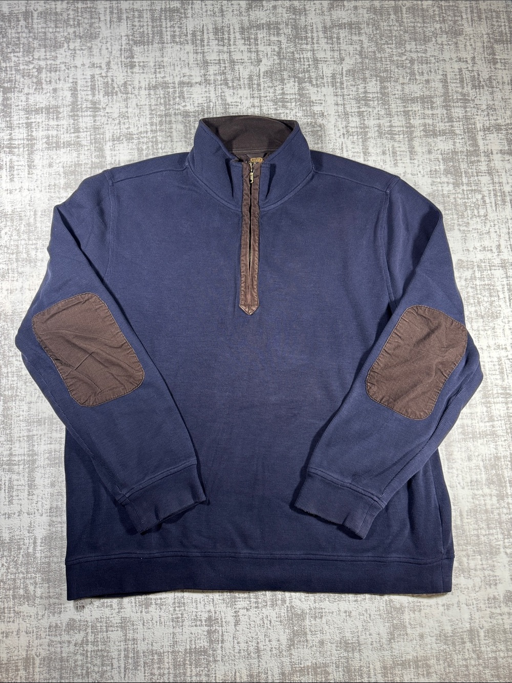 Tommy Hilfiger Navy Quarter-Zip Sweater with Brown Elbow Patch 26.5X23 PTP Sz L